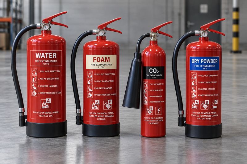 Water, foam, CO2 and dry powder fire extinguishers
