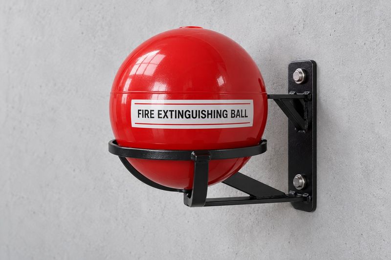 Red fire extinguishing ball in a wall-mounted bracket