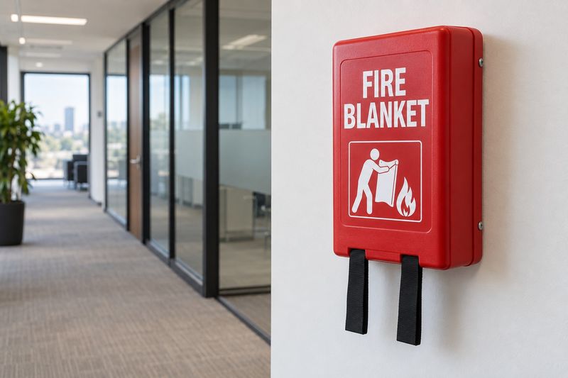 Red wall-mounted fire blanket case in an office corridor